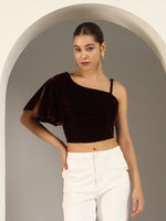 Velvet One-Shoulder Crop Blouse for Women | Asymmetrical Draped Sleeve Partywear Choli Top