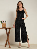 Raven Black Crushed Velvet Wide-Leg Jumpsuit