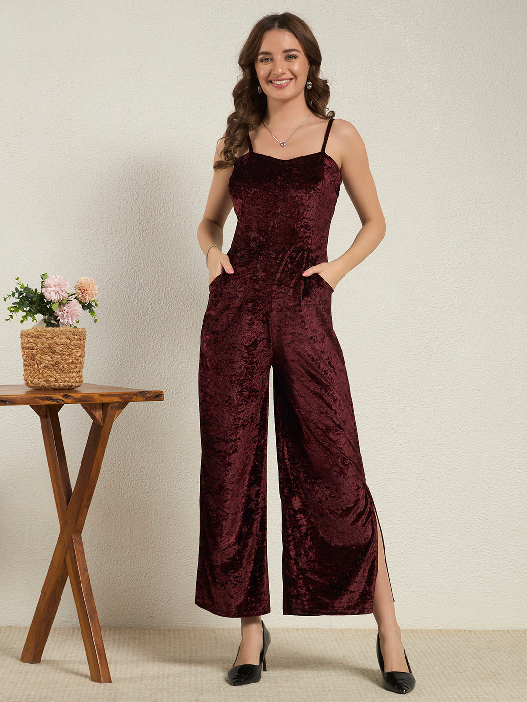 Burgundy Crushed Velvet Wide-Leg Jumpsuit