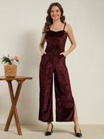 Burgundy Crushed Velvet Wide-Leg Jumpsuit