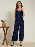 Jewel Blue Crushed Velvet Wide-Leg Jumpsuit