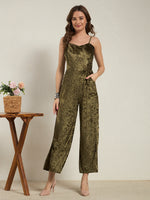 Luxe Olive Crushed Velvet Wide-Leg Jumpsuit