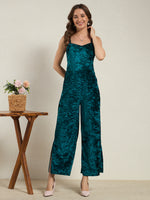 Peacock Green Crushed Velvet Wide-Leg Jumpsuit