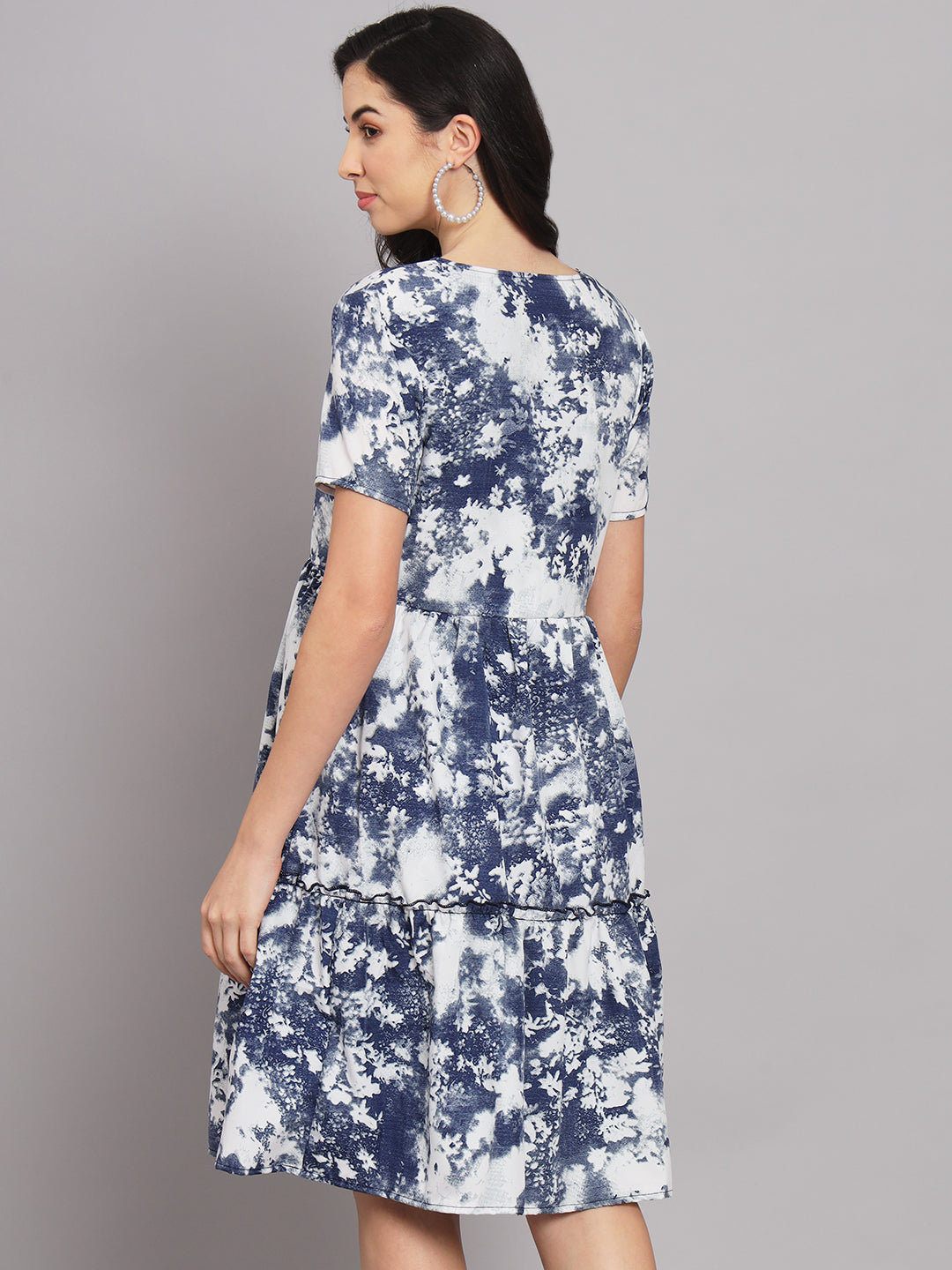 Navy Blue Floral Print Crepe Dress