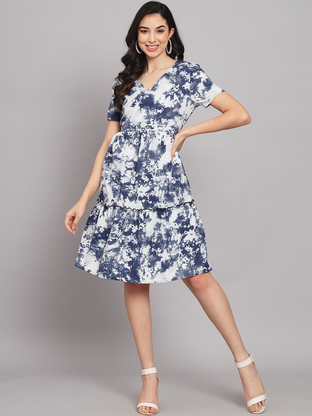 Navy Blue Floral Print Crepe Dress