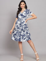 Navy Blue Floral Print Crepe Dress