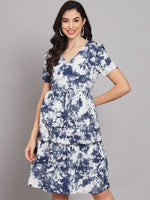Navy Blue Floral Print Crepe Dress