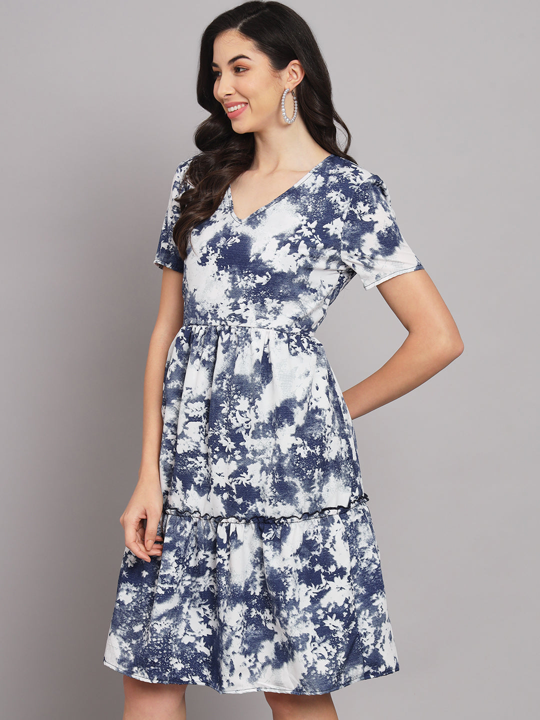 Navy Blue Floral Print Crepe Dress