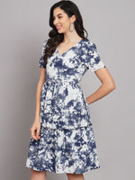 Navy Blue Floral Print Crepe Dress