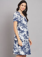 Navy Blue Floral Print Crepe Dress