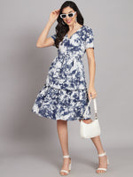 Navy Blue Floral Print Crepe Dress