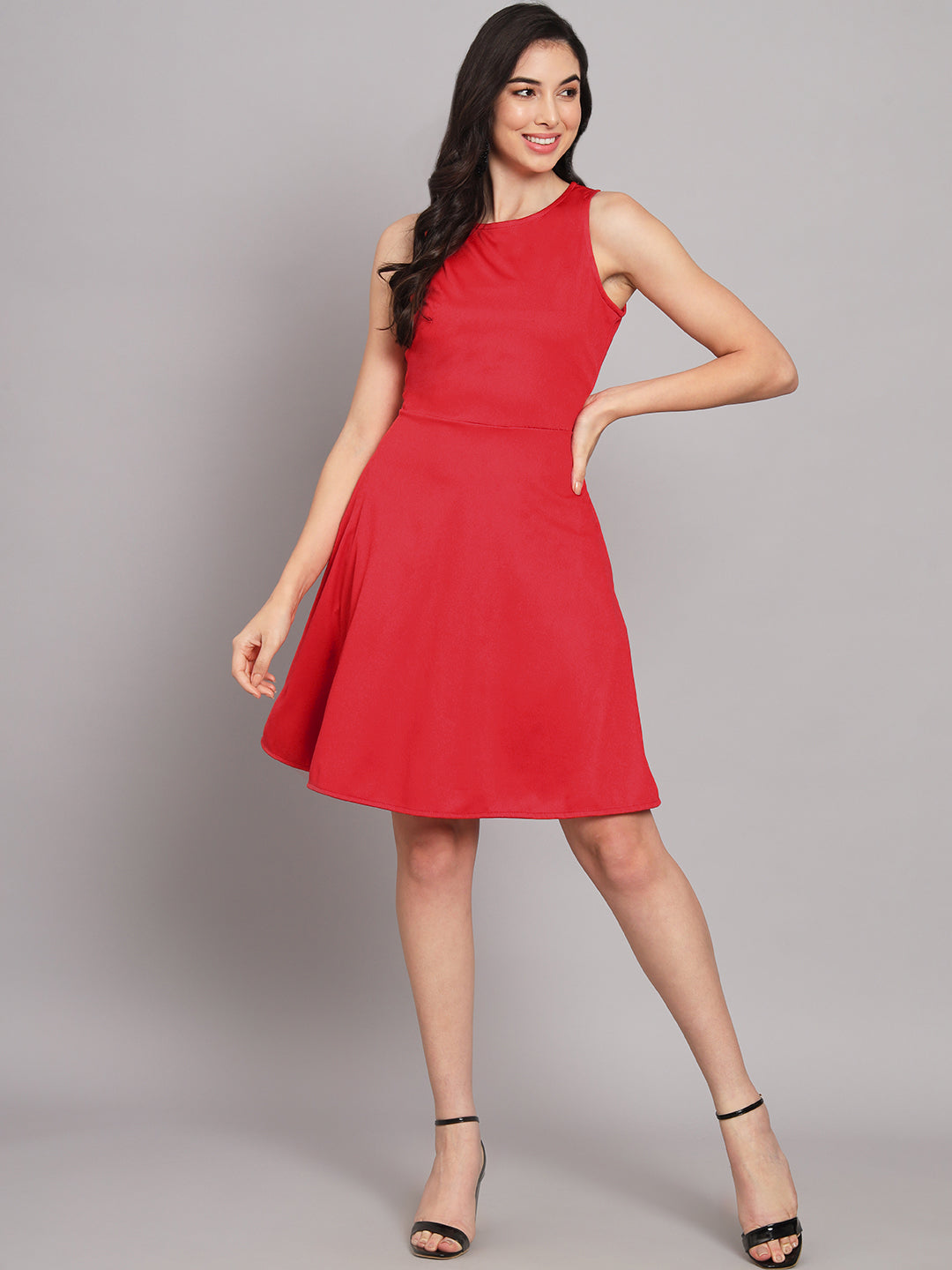 Lycra Red Dress for Women with Side Pockets