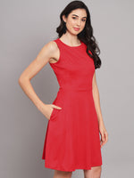 Lycra Red Dress for Women with Side Pockets