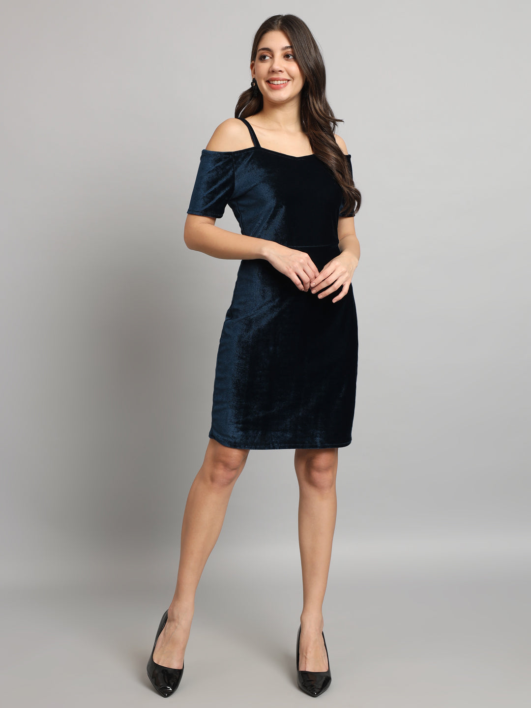 Short Sleeves Off-Shoulder Bodycon Party Women Peacock Blue