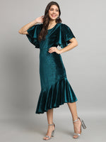 Ruffle Sleeves Fish Cut Velvet Party Dress Rama Green