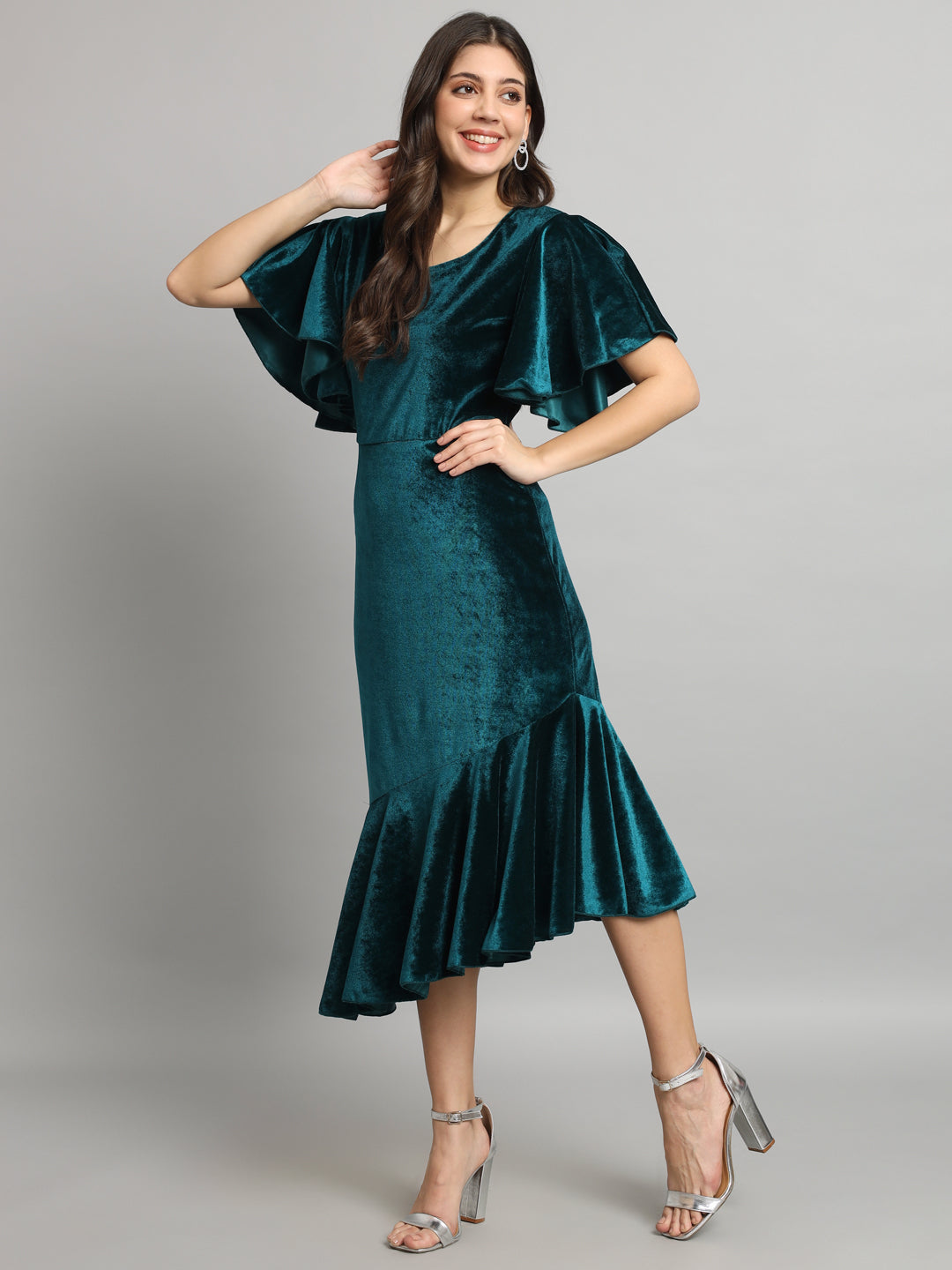 Velvet Fabric Fish Cut Ruffle Bottom Bodycon Party Midi Dress Peacock Blue