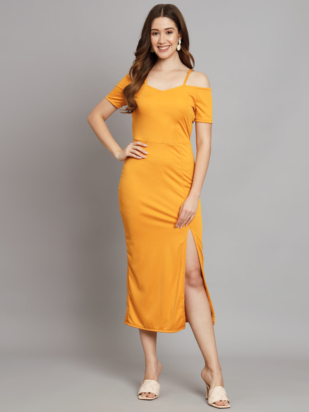 Yellow Lycra Cold Shoulder Maxi Dress