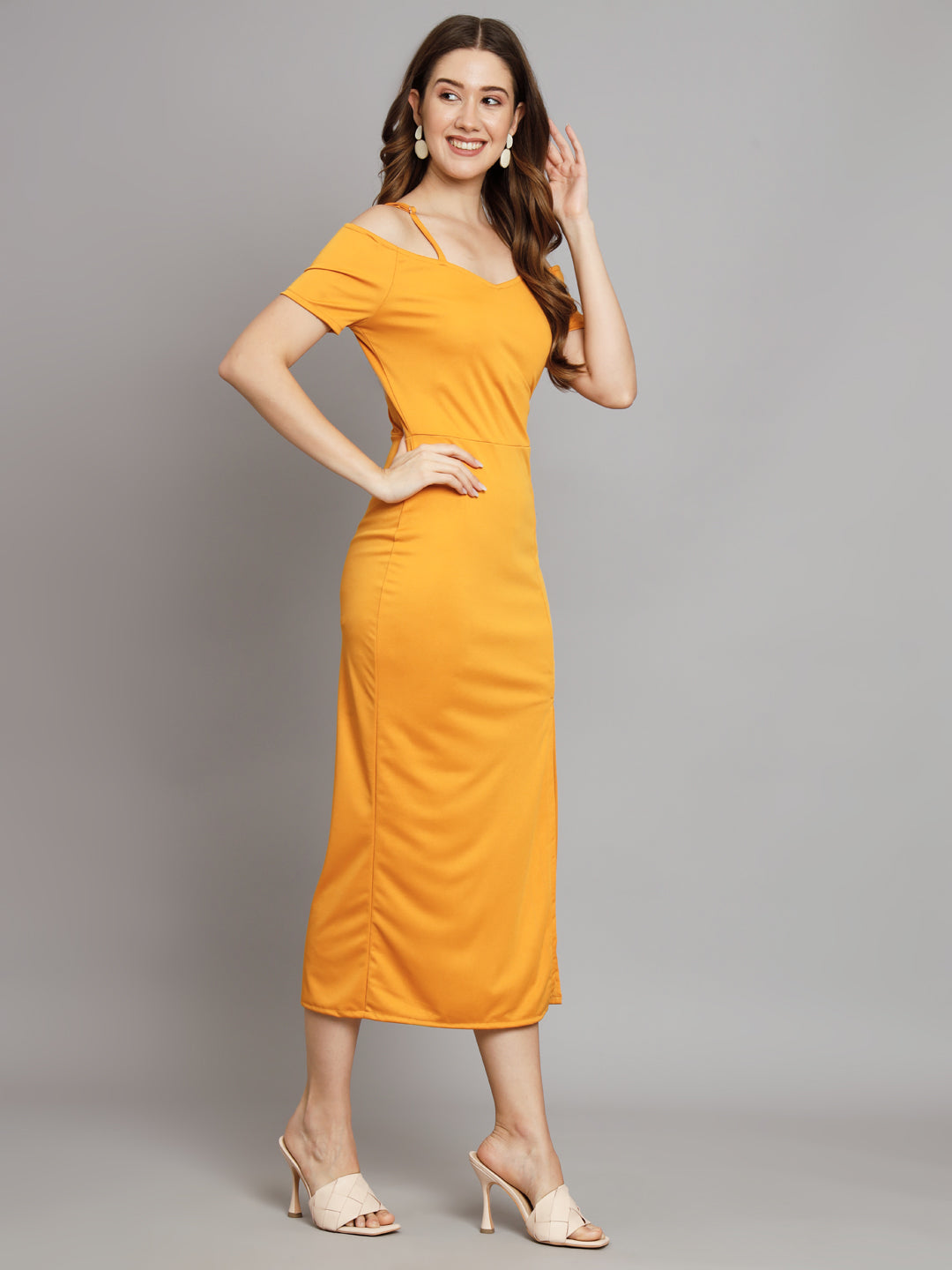 Yellow Lycra Cold Shoulder Maxi Dress