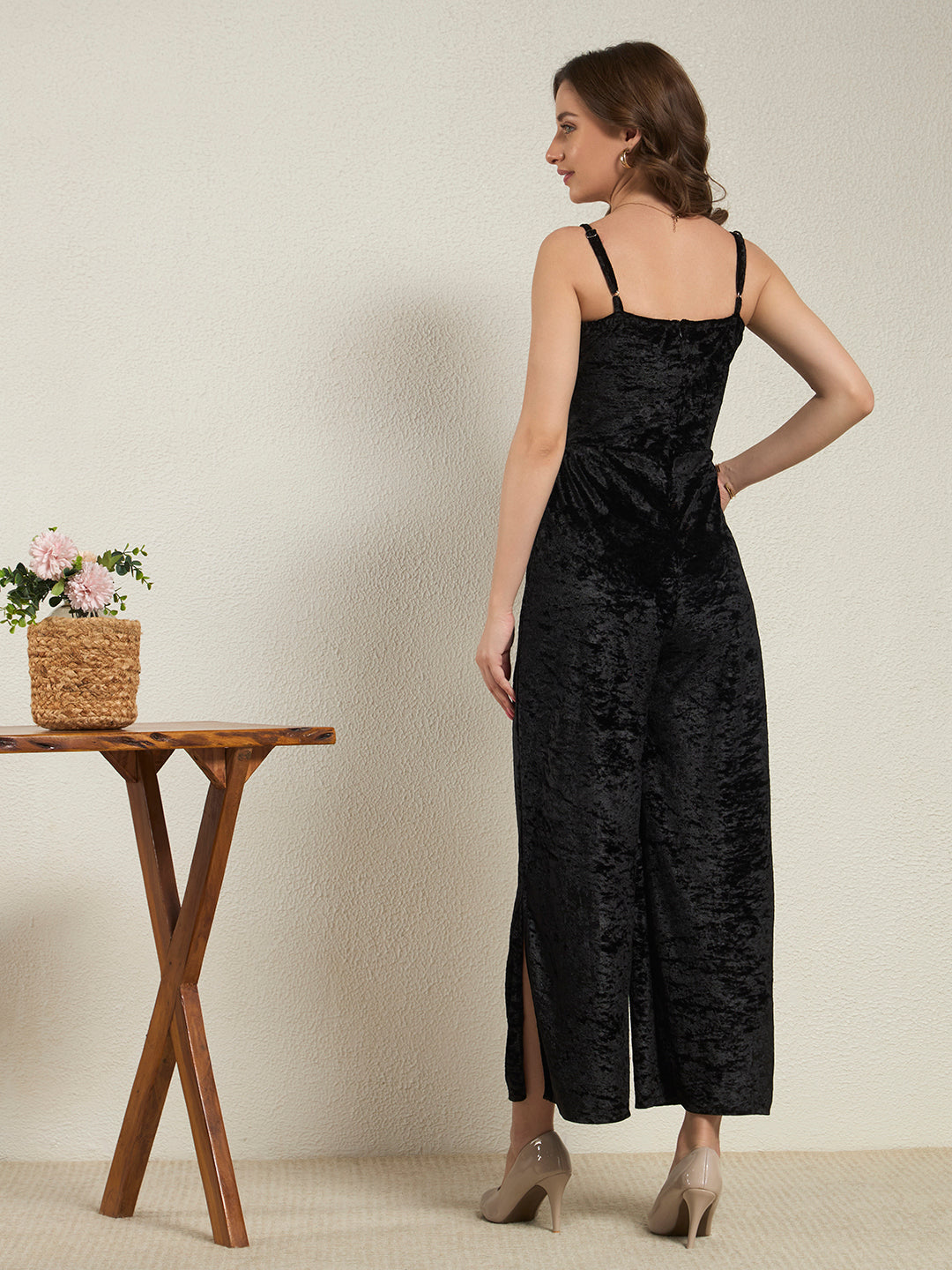 Raven Black Crushed Velvet Wide-Leg Jumpsuit