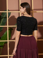 Black Crushed Velvet Shimmer Crop Blouse for Women
