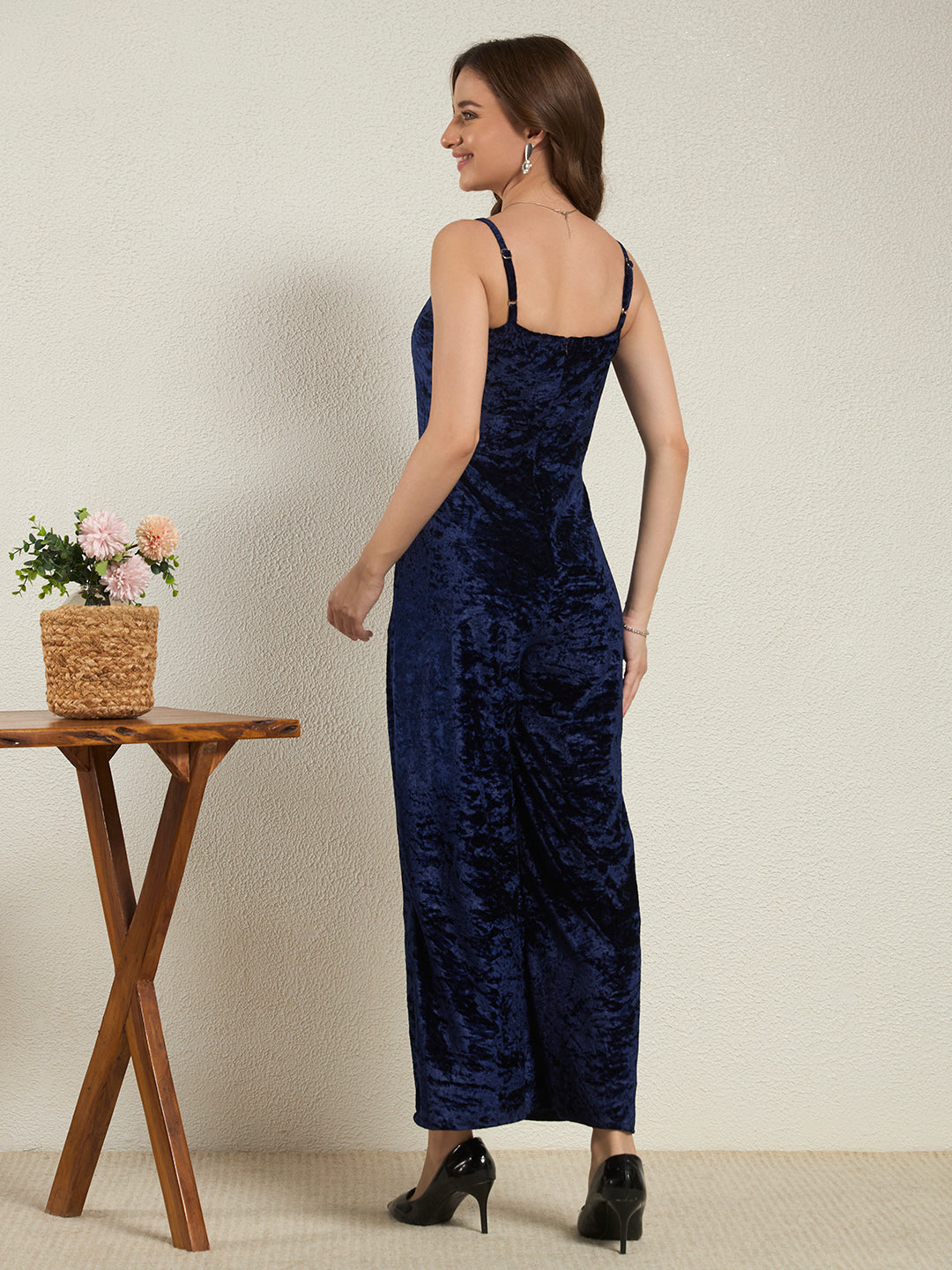 Jewel Blue Crushed Velvet Wide-Leg Jumpsuit