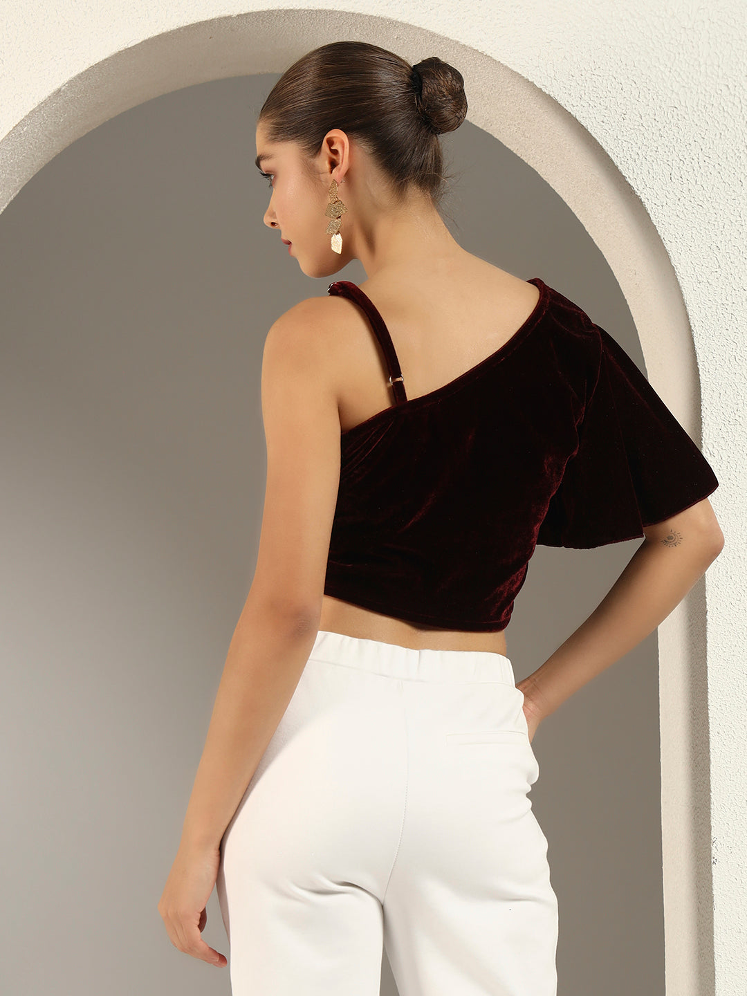 Velvet One-Shoulder Crop Blouse for Women | Asymmetrical Draped Sleeve Partywear Choli Top