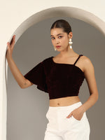 Velvet One-Shoulder Crop Blouse for Women | Asymmetrical Draped Sleeve Partywear Choli Top