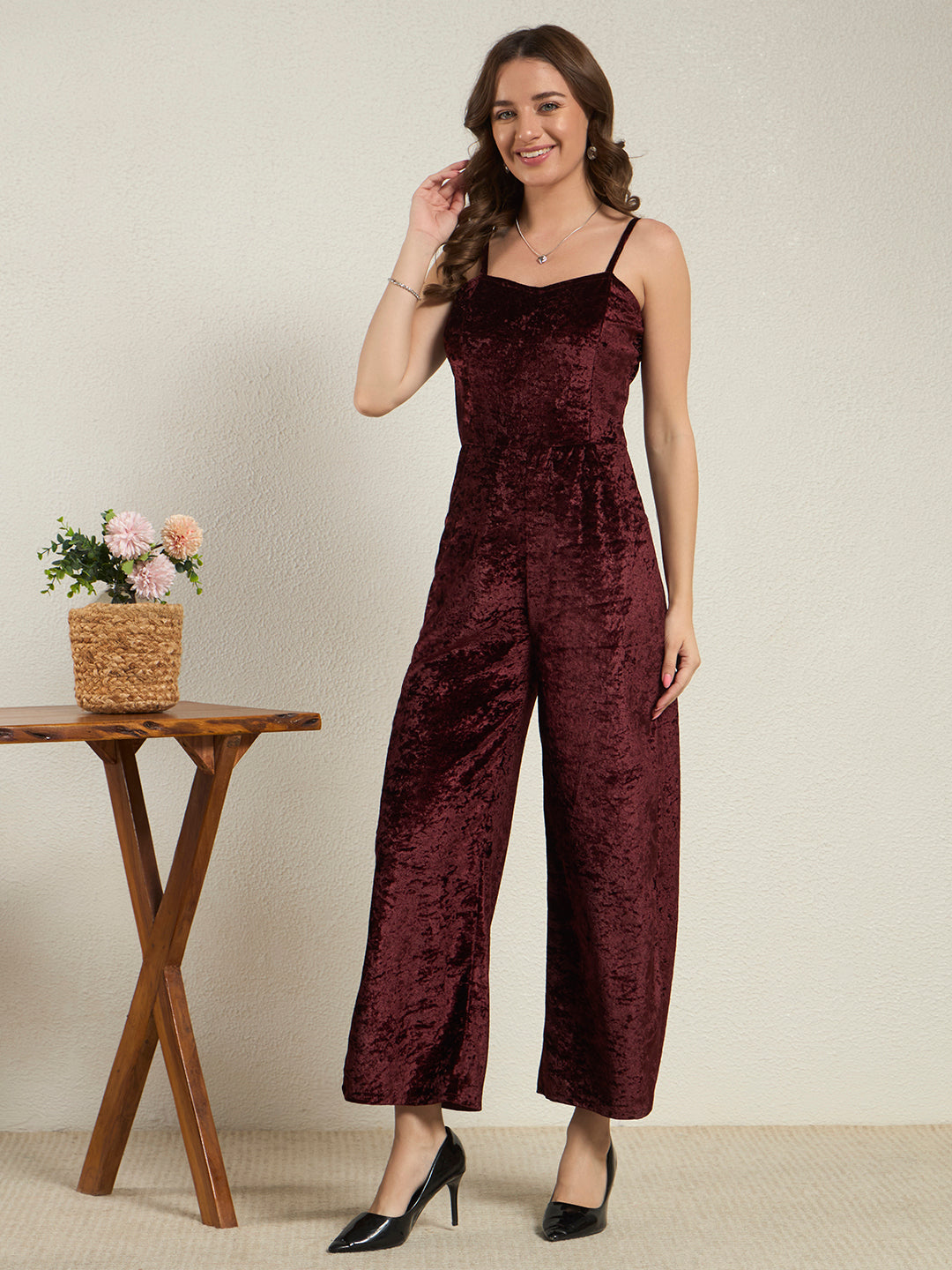 Burgundy Crushed Velvet Wide-Leg Jumpsuit