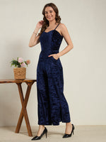 Jewel Blue Crushed Velvet Wide-Leg Jumpsuit