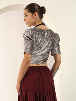 Crushed Velvet Puff-Sleeves Blouse for Women