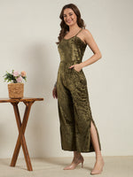 Luxe Olive Crushed Velvet Wide-Leg Jumpsuit