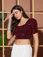 Wine Crushed Velvet Floral Shimmer Crop Blouse for Women