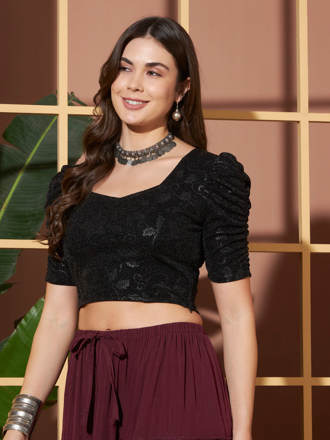 Black Crushed Velvet Shimmer Crop Blouse for Women
