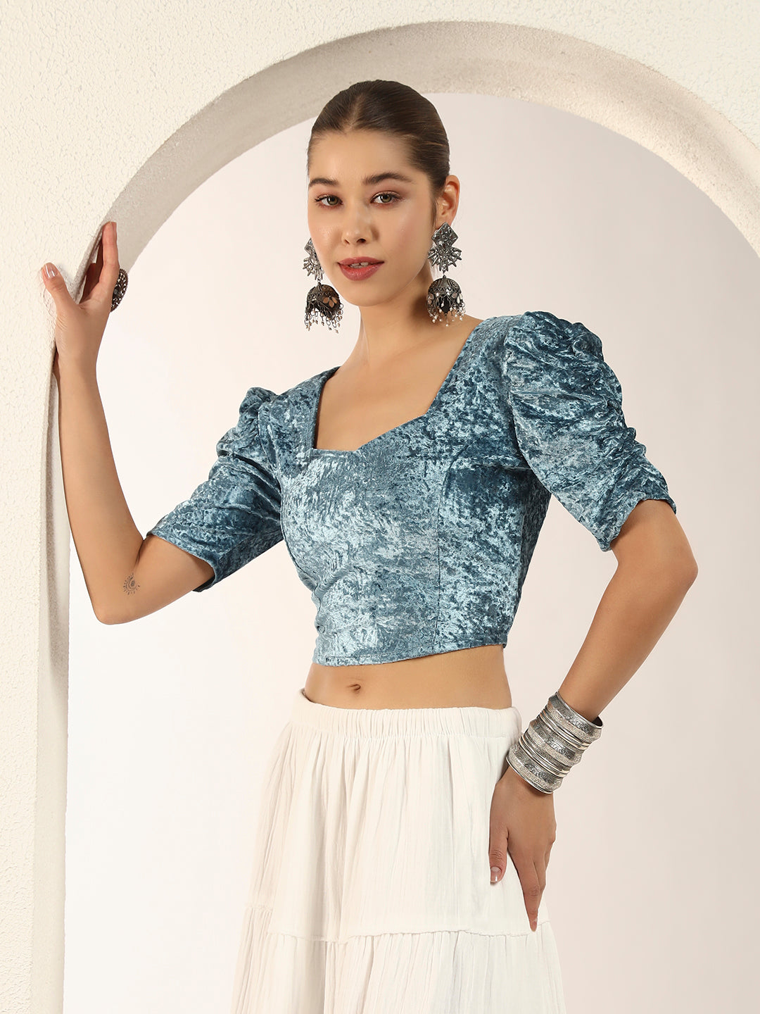 Crushed Velvet Puff-Sleeves Blouse for Women