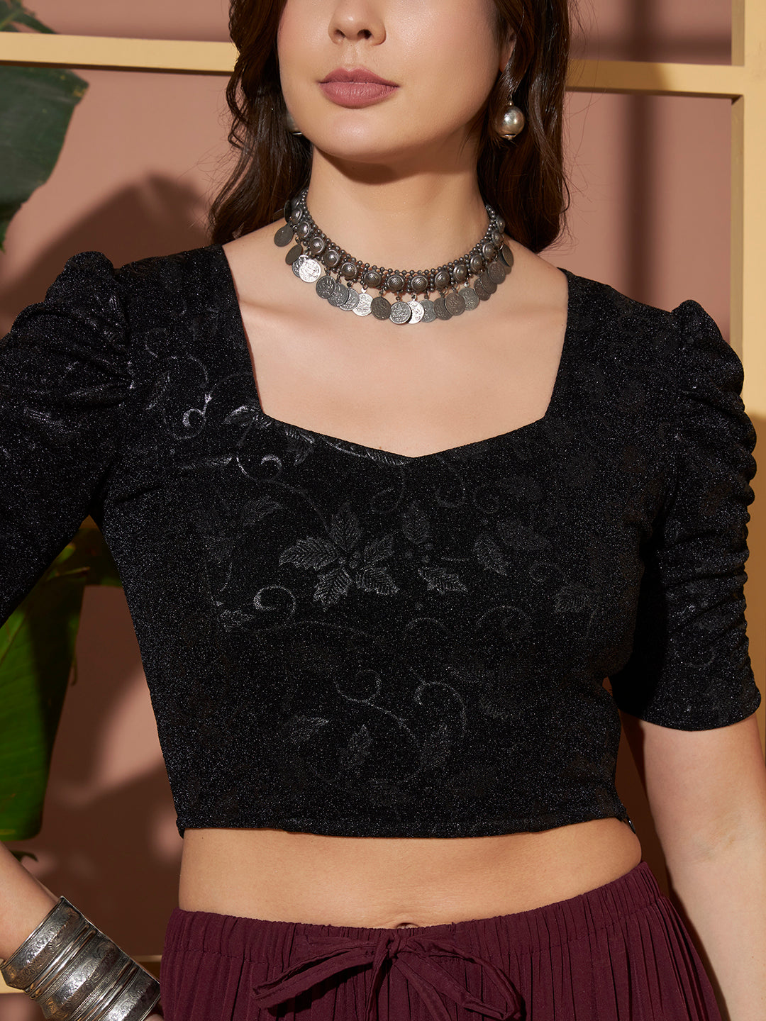 Black Crushed Velvet Shimmer Crop Blouse for Women