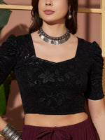 Black Crushed Velvet Shimmer Crop Blouse for Women