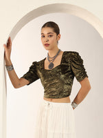 Crushed Velvet Puff-Sleeves Blouse for Women