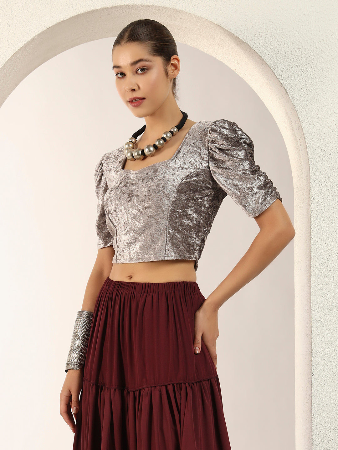 Crushed Velvet Puff-Sleeves Blouse for Women