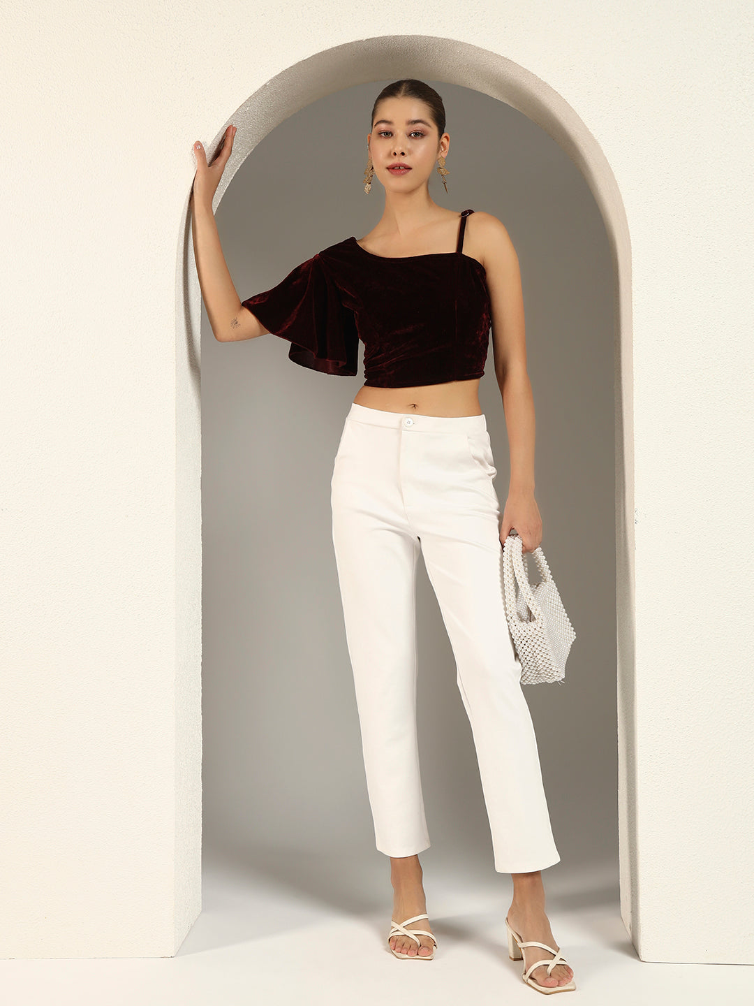 Velvet One-Shoulder Crop Blouse for Women | Asymmetrical Draped Sleeve Partywear Choli Top