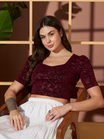 Wine Crushed Velvet Floral Shimmer Crop Blouse for Women