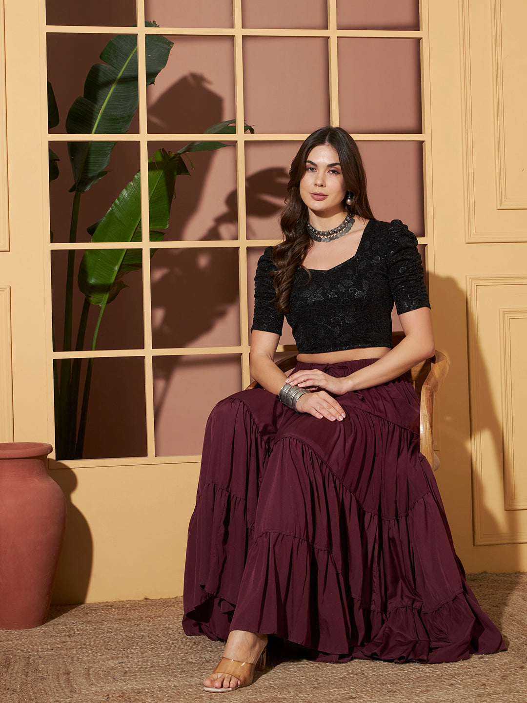 Black Crushed Velvet Shimmer Crop Blouse for Women