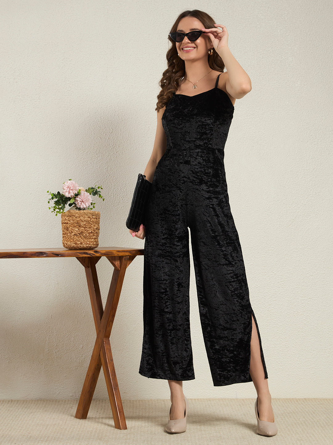 Raven Black Crushed Velvet Wide-Leg Jumpsuit