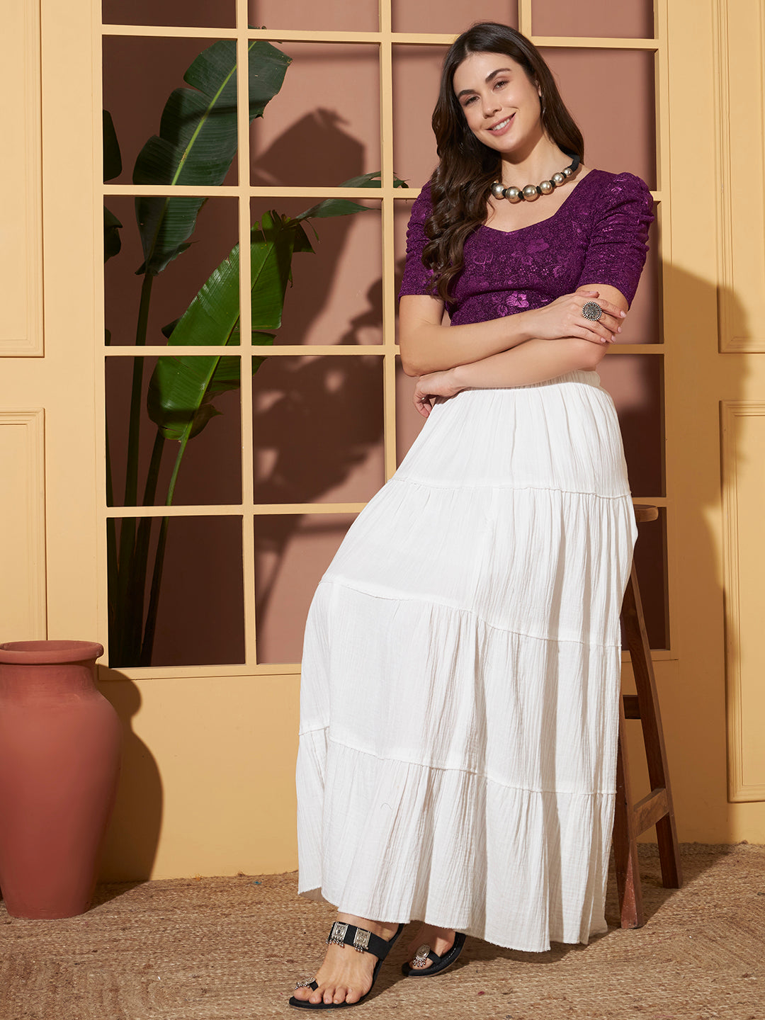 Purple Crushed Velvet Floral Shimmer Crop Blouse for Women