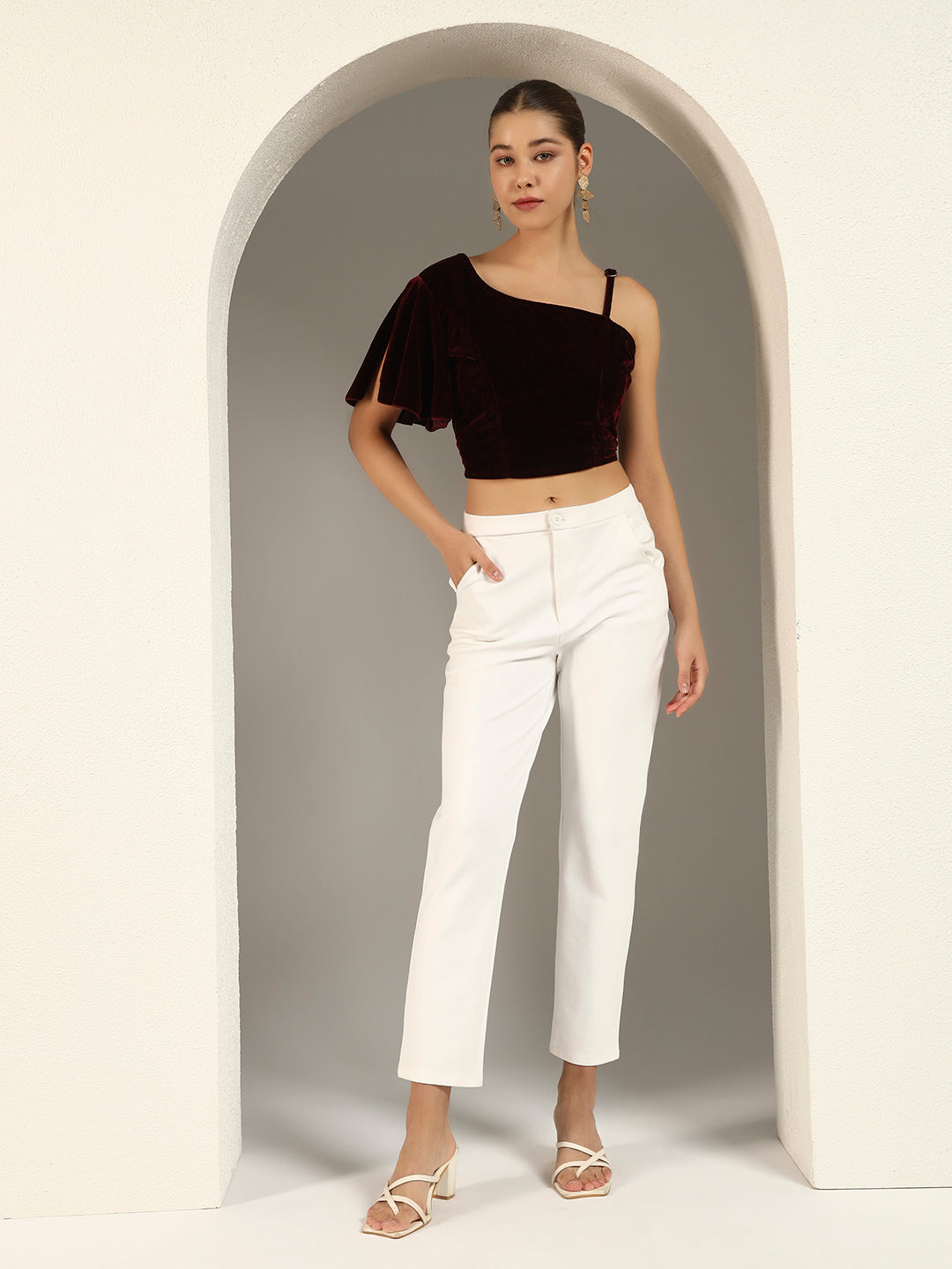 Velvet One-Shoulder Crop Blouse for Women | Asymmetrical Draped Sleeve Partywear Choli Top