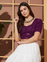 Purple Crushed Velvet Floral Shimmer Crop Blouse for Women
