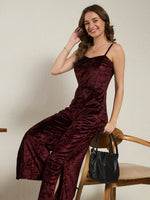 Burgundy Crushed Velvet Wide-Leg Jumpsuit