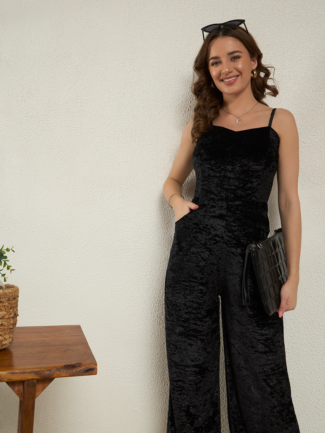 Raven Black Crushed Velvet Wide-Leg Jumpsuit