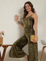Luxe Olive Crushed Velvet Wide-Leg Jumpsuit