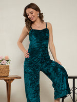 Peacock Green Crushed Velvet Wide-Leg Jumpsuit