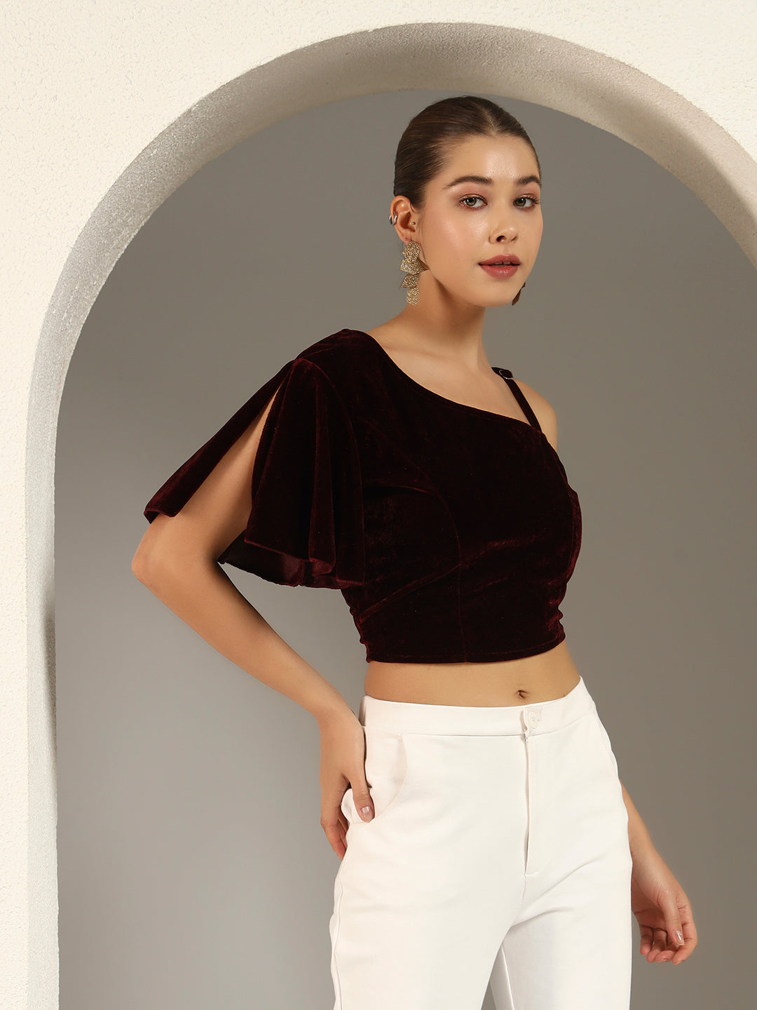 Velvet One-Shoulder Crop Blouse for Women | Asymmetrical Draped Sleeve Partywear Choli Top